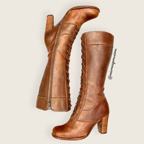 Vintage Frye Villager Brown Leather Knee High Tall Heeled Zip Up Lace Up Boots - Picture 15 of 15
